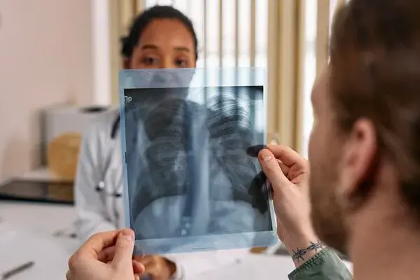 Paciente segurando raixo X e médica atrás